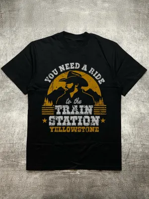 200g Cotton Crew - Neck Short Sleeves, Men's Black T-Shirt with Fun Yellowstone
