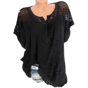 2019 Summer New Short Sleeve Solid Color Shirt Fashion Openwork Lace Crochet