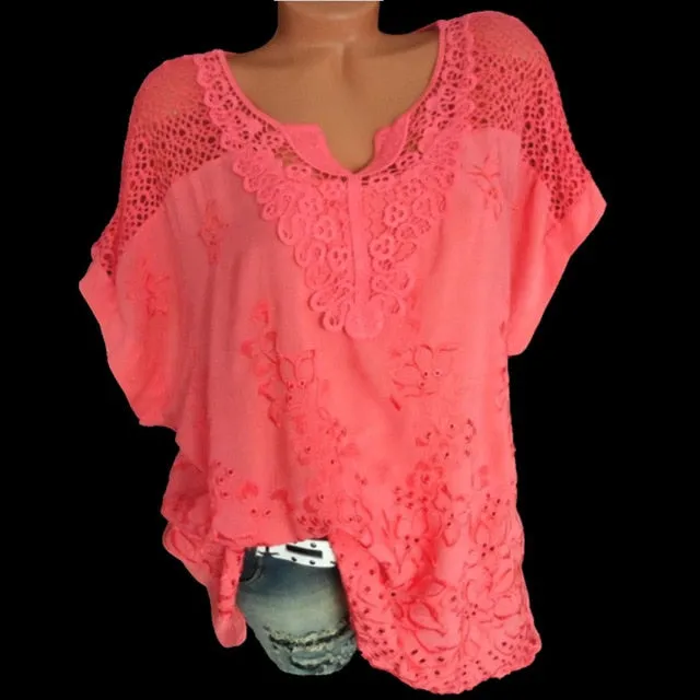 2019 Summer New Short Sleeve Solid Color Shirt Fashion Openwork Lace Crochet