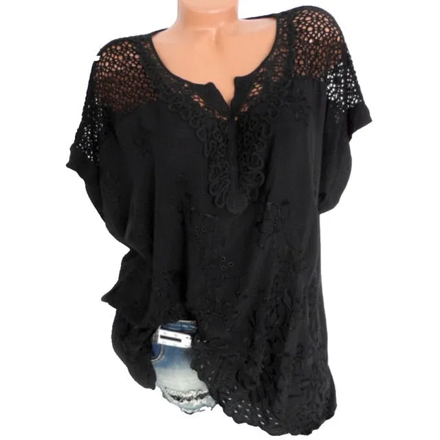 2019 Summer New Short Sleeve Solid Color Shirt Fashion Openwork Lace Crochet