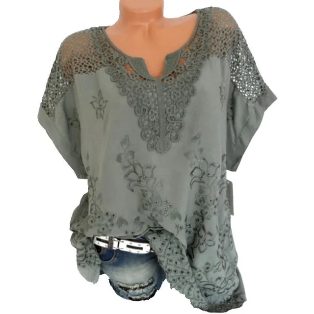 2019 Summer New Short Sleeve Solid Color Shirt Fashion Openwork Lace Crochet