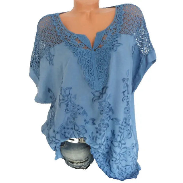 2019 Summer New Short Sleeve Solid Color Shirt Fashion Openwork Lace Crochet