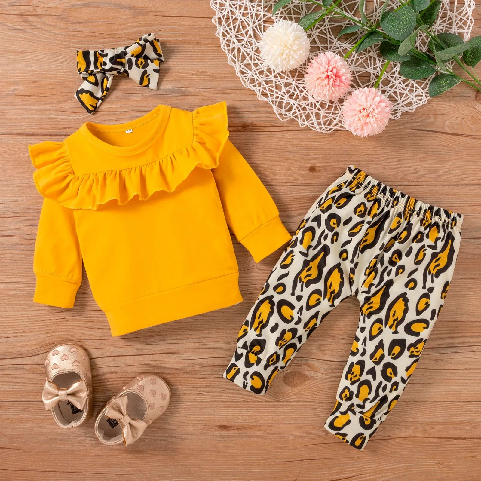 3PCS Baby Girls Outfit  Solid Ruffle T-shirt Tops  Leopard Pants Outfit