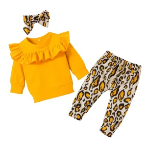 3PCS Baby Girls Outfit  Solid Ruffle T-shirt Tops  Leopard Pants Outfit