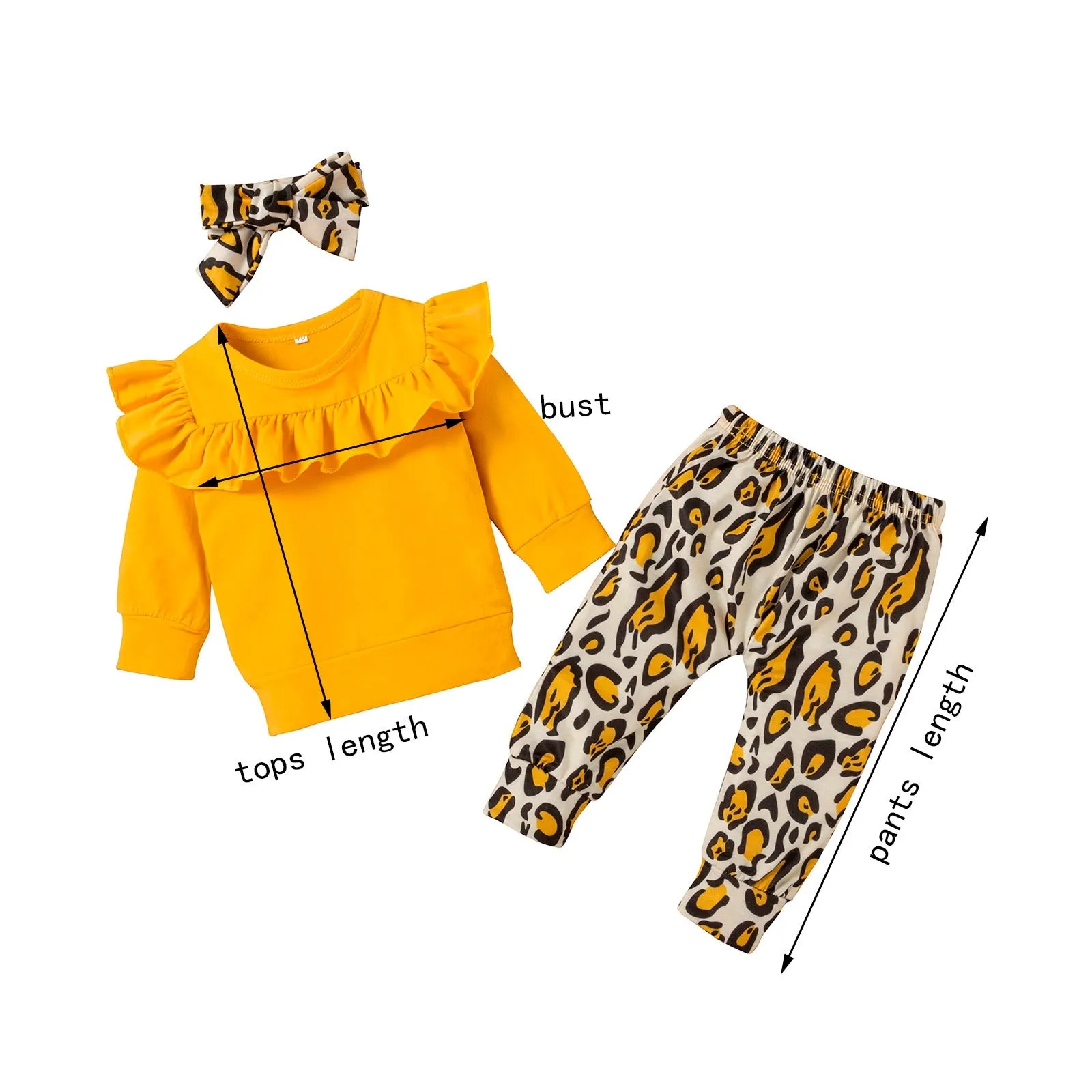 3PCS Baby Girls Outfit  Solid Ruffle T-shirt Tops  Leopard Pants Outfit