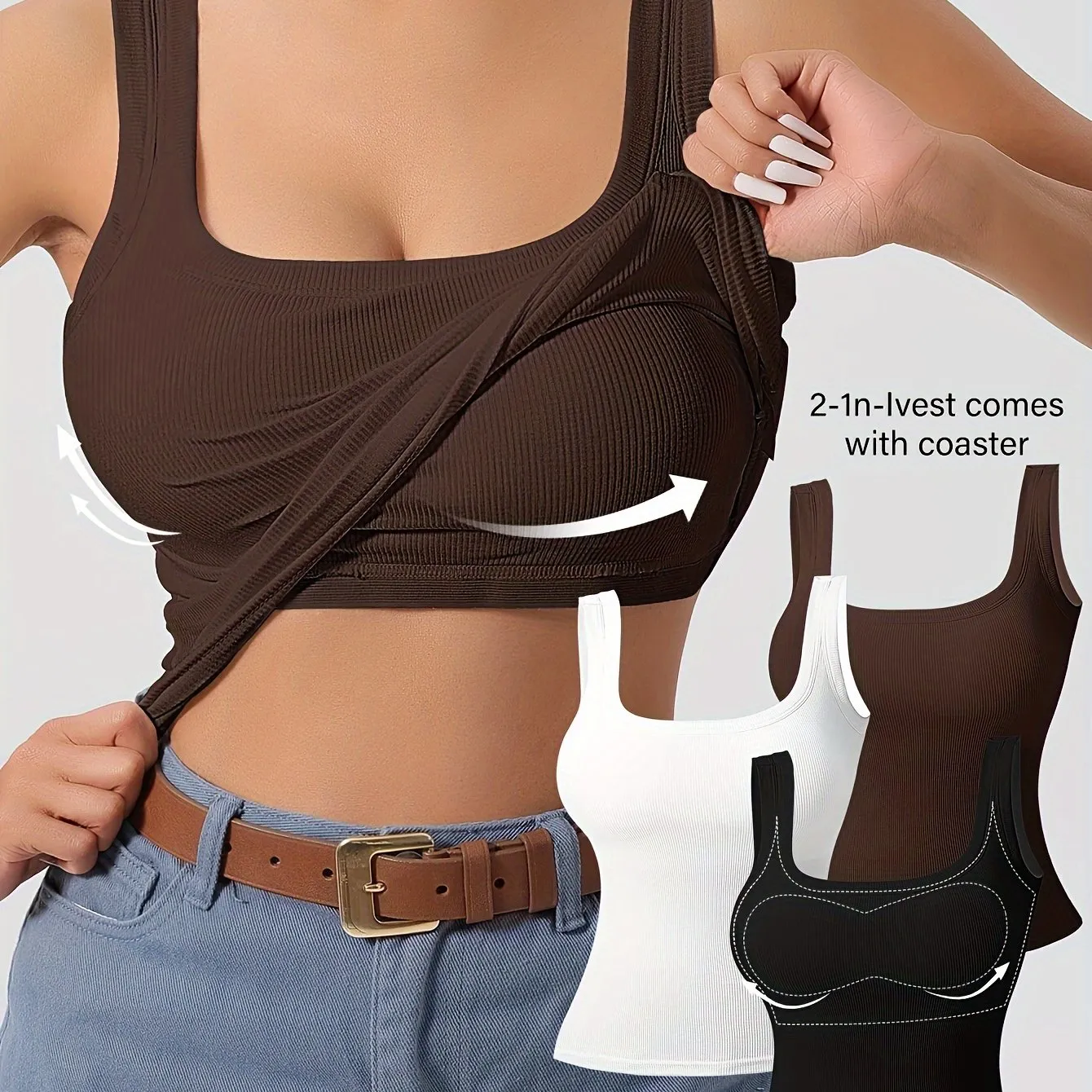 3Pcs U-Back Tank Tops Vest Set - Comfortable Removable Pads, Slim Fit, Solid Color, Versatile Inner & Outerwear for Women, Casual Camisole Style with Multi-Occasion Wear Options