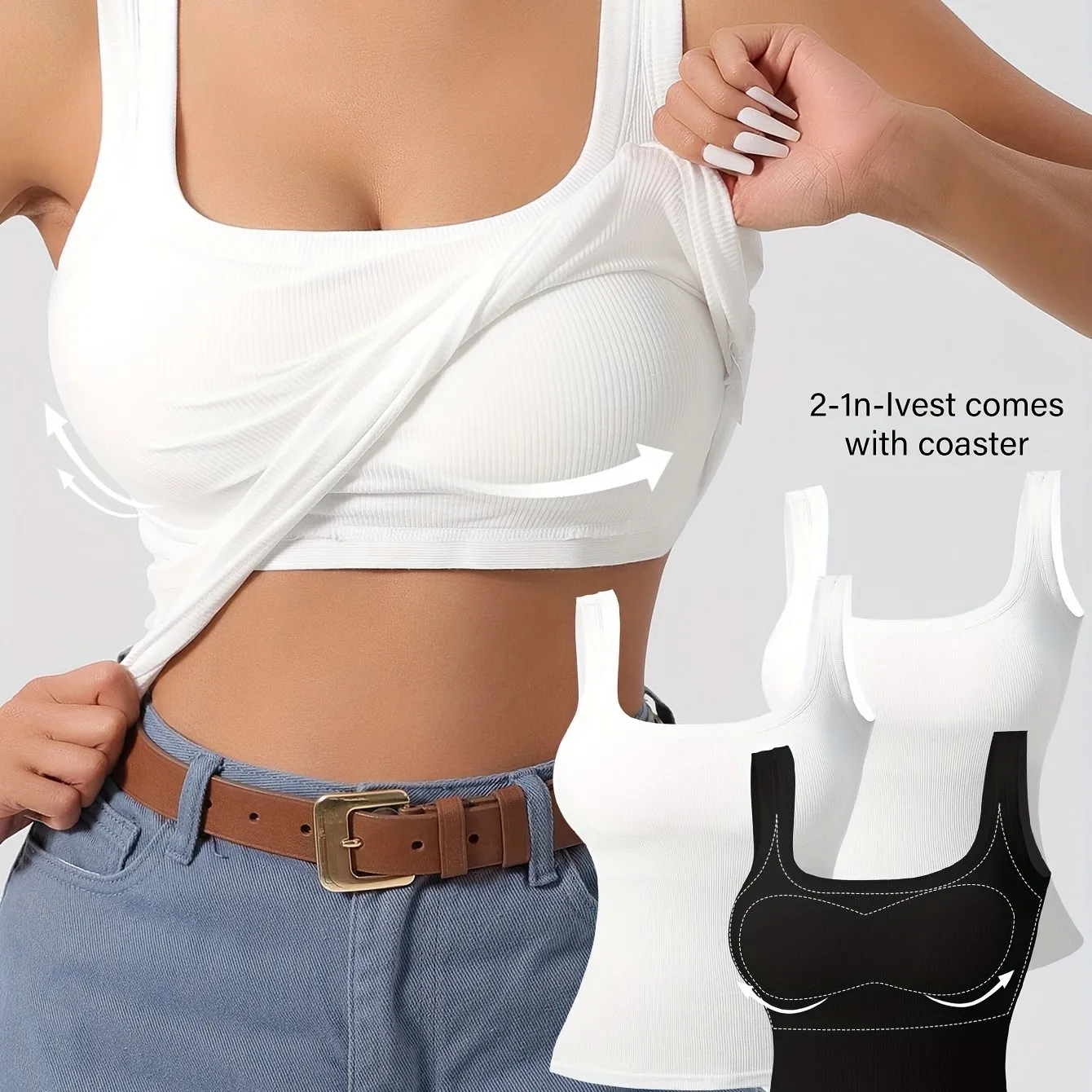 3Pcs U-Back Tank Tops Vest Set - Comfortable Removable Pads, Slim Fit, Solid Color, Versatile Inner & Outerwear for Women, Casual Camisole Style with Multi-Occasion Wear Options