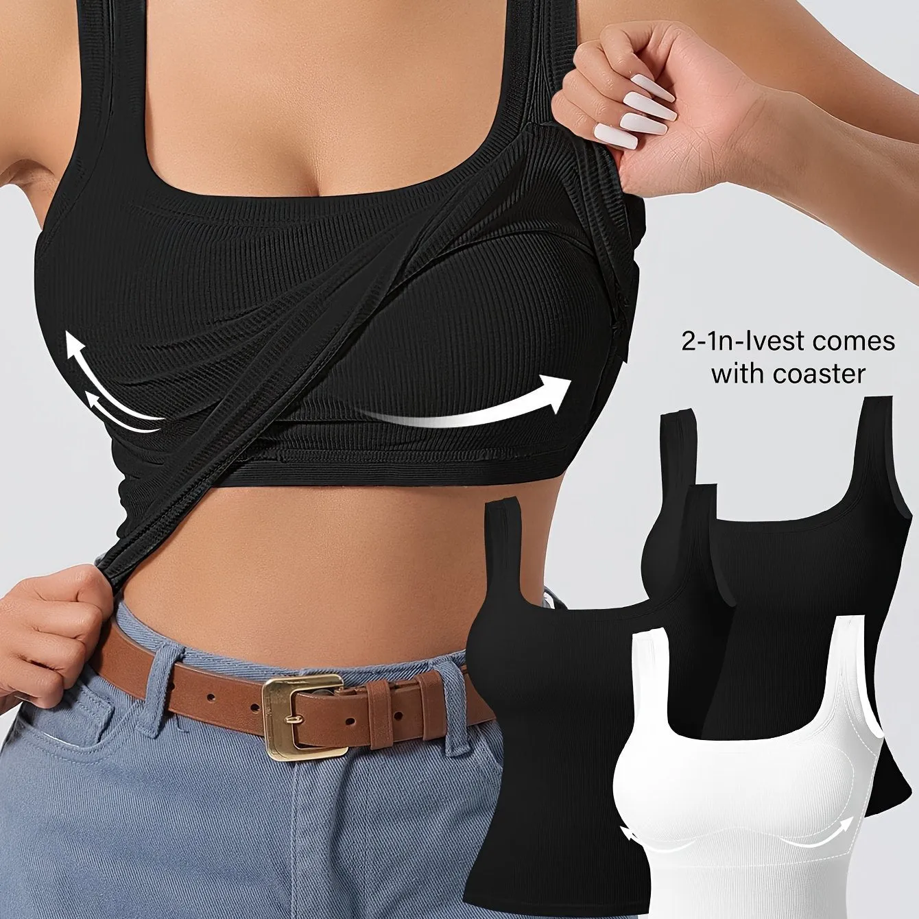 3Pcs U-Back Tank Tops Vest Set - Comfortable Removable Pads, Slim Fit, Solid Color, Versatile Inner & Outerwear for Women, Casual Camisole Style with Multi-Occasion Wear Options
