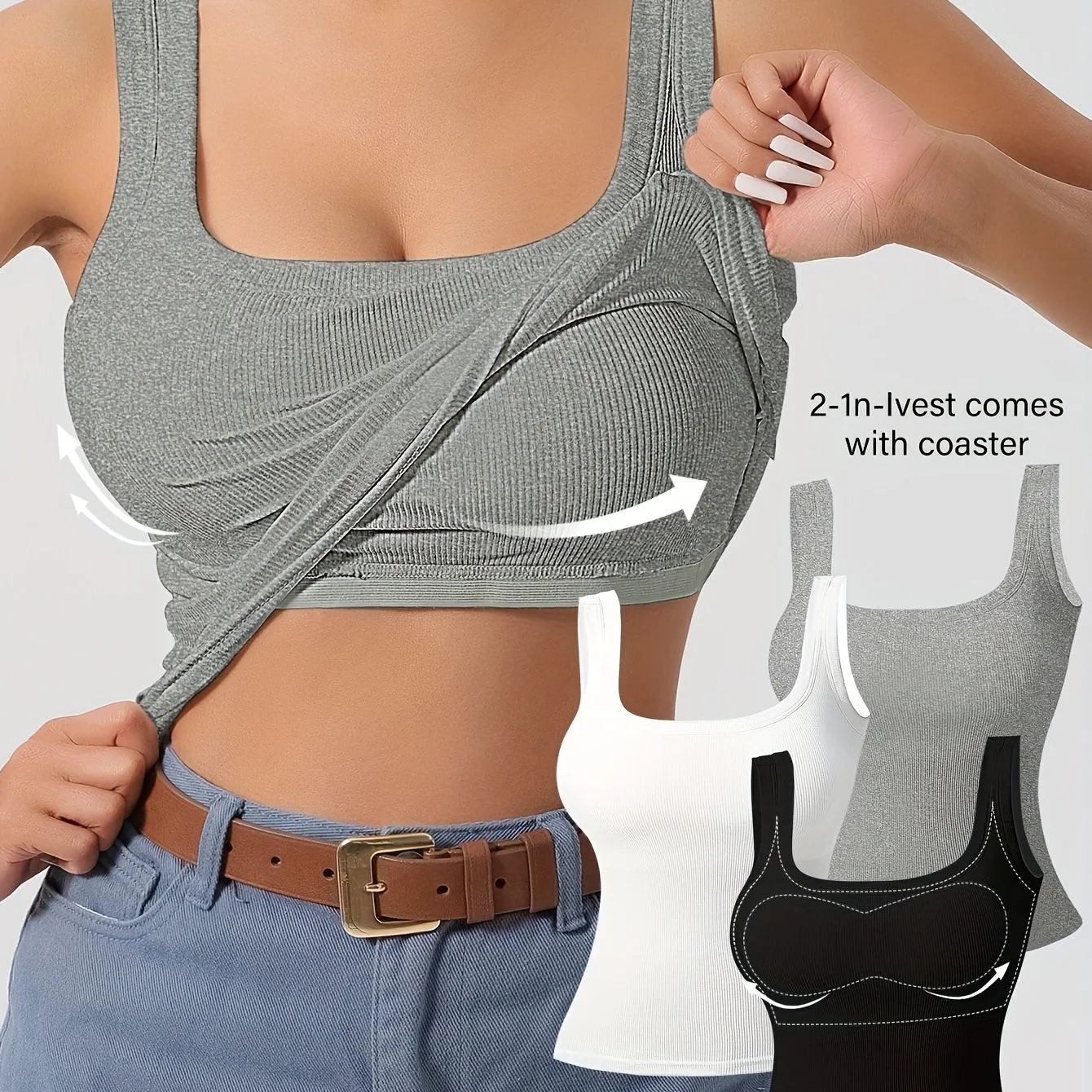 3Pcs U-Back Tank Tops Vest Set - Comfortable Removable Pads, Slim Fit, Solid Color, Versatile Inner & Outerwear for Women, Casual Camisole Style with Multi-Occasion Wear Options