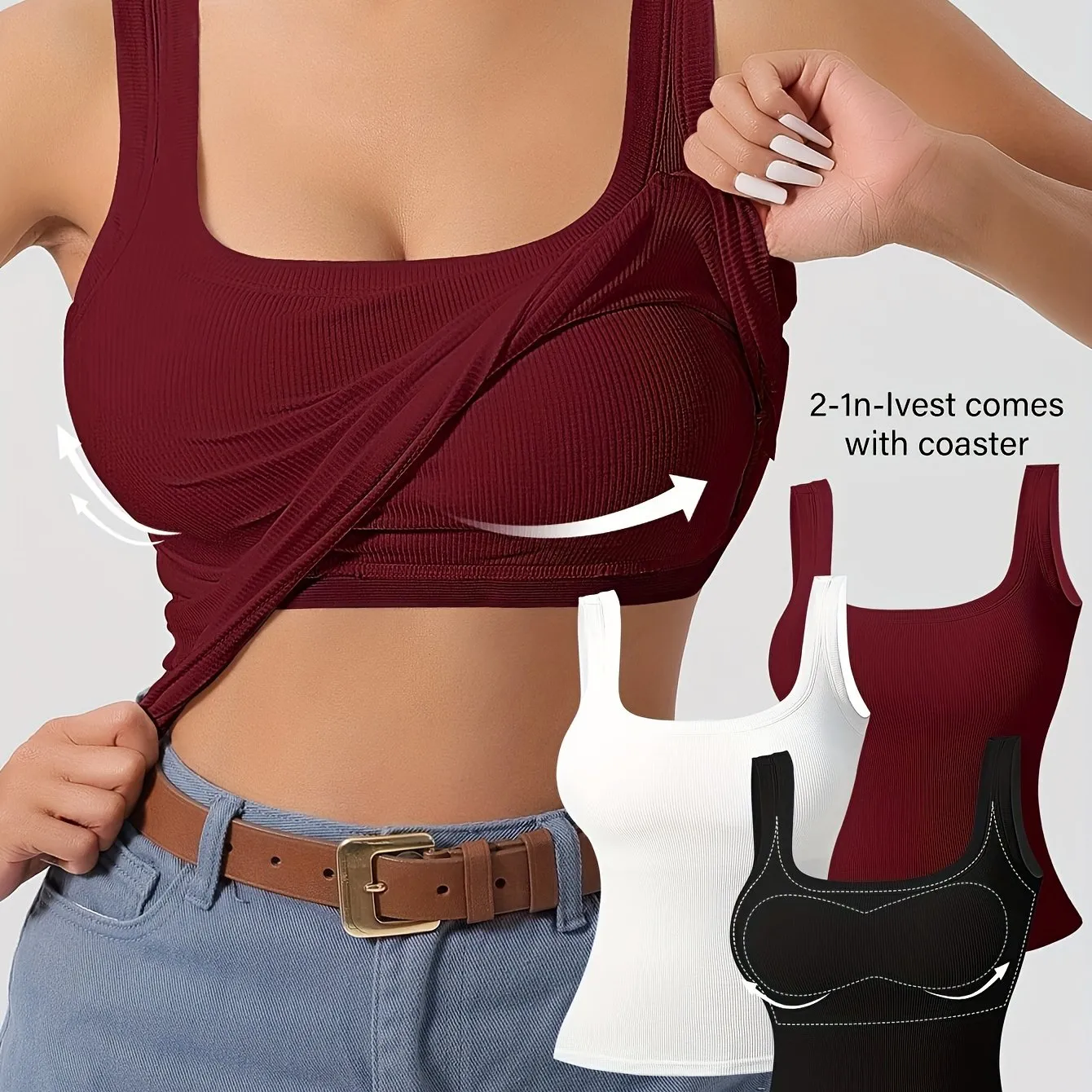 3Pcs U-Back Tank Tops Vest Set - Comfortable Removable Pads, Slim Fit, Solid Color, Versatile Inner & Outerwear for Women, Casual Camisole Style with Multi-Occasion Wear Options