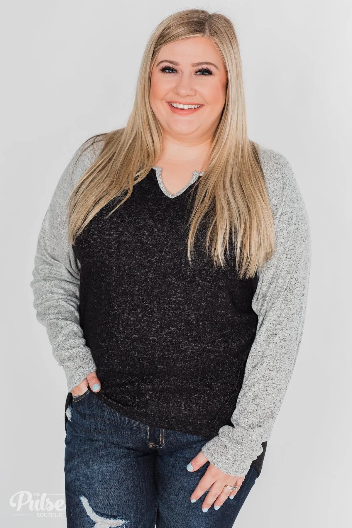 Along the Way Raglan Top - Black & Heather Grey