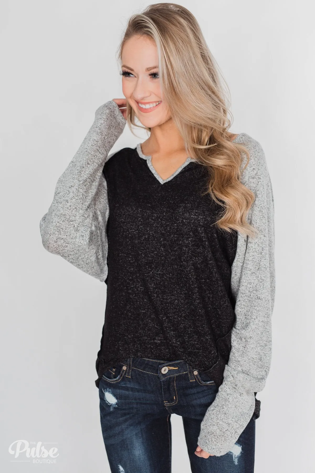 Along the Way Raglan Top - Black & Heather Grey