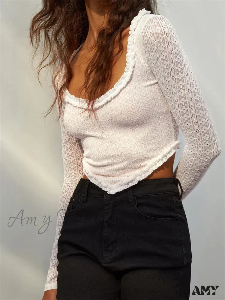 Amy Fashion - Long Sleeve Solid Color Casual Irregular Hem LaceT-shirts
