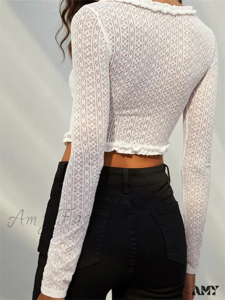 Amy Fashion - Long Sleeve Solid Color Casual Irregular Hem LaceT-shirts