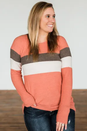 Autumn In The Air Color Block Pullover Top- Light Orange