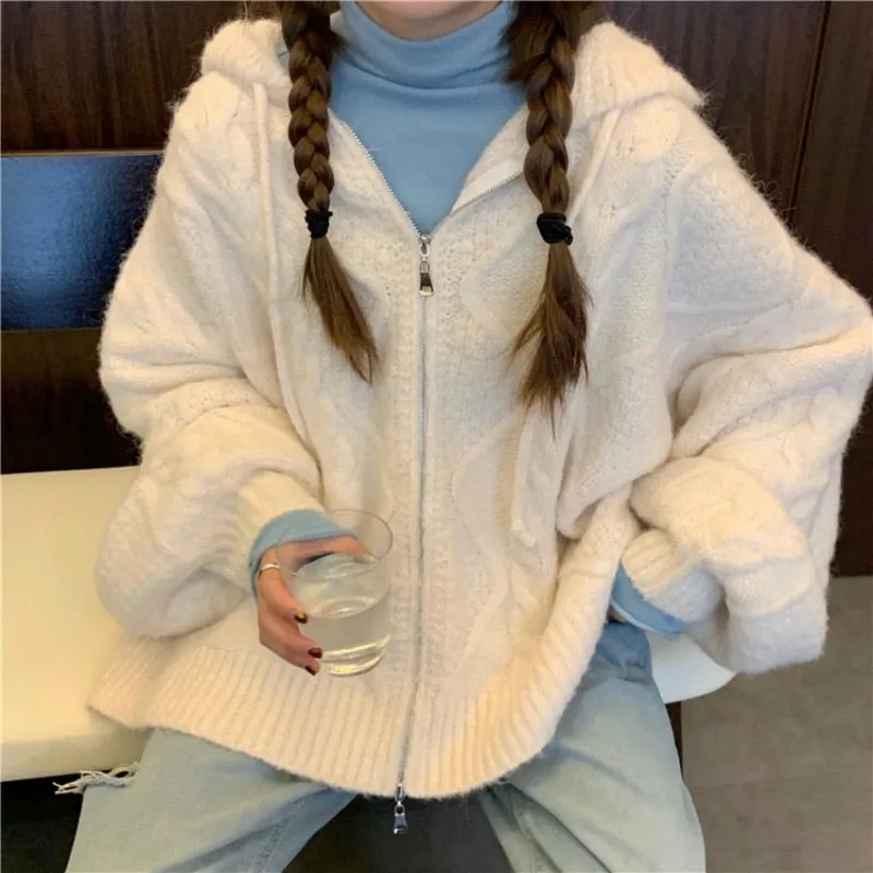 Autumn Winter Over-sized Knitted Cardigan Casual Hooded