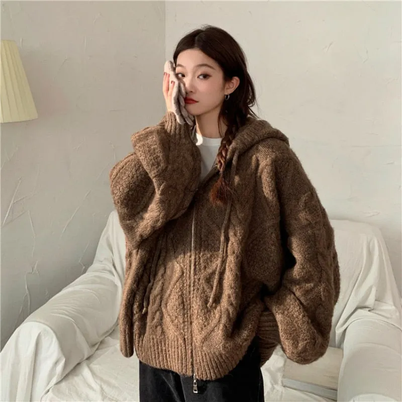Autumn Winter Over-sized Knitted Cardigan Casual Hooded