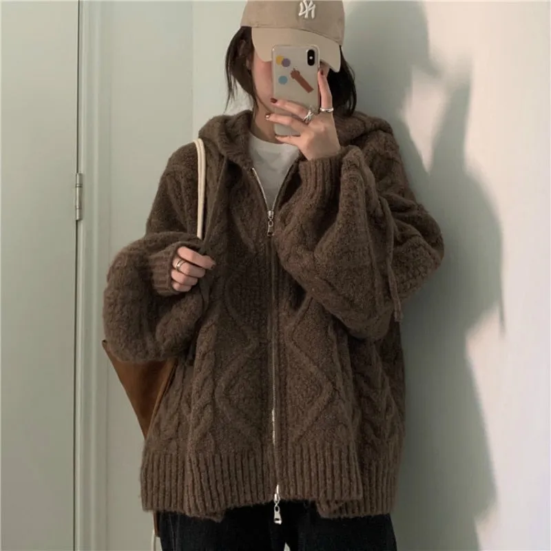 Autumn Winter Over-sized Knitted Cardigan Casual Hooded