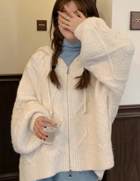Autumn Winter Over-sized Knitted Cardigan Casual Hooded