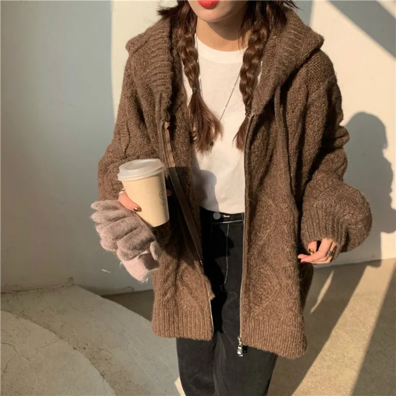 Autumn Winter Over-sized Knitted Cardigan Casual Hooded
