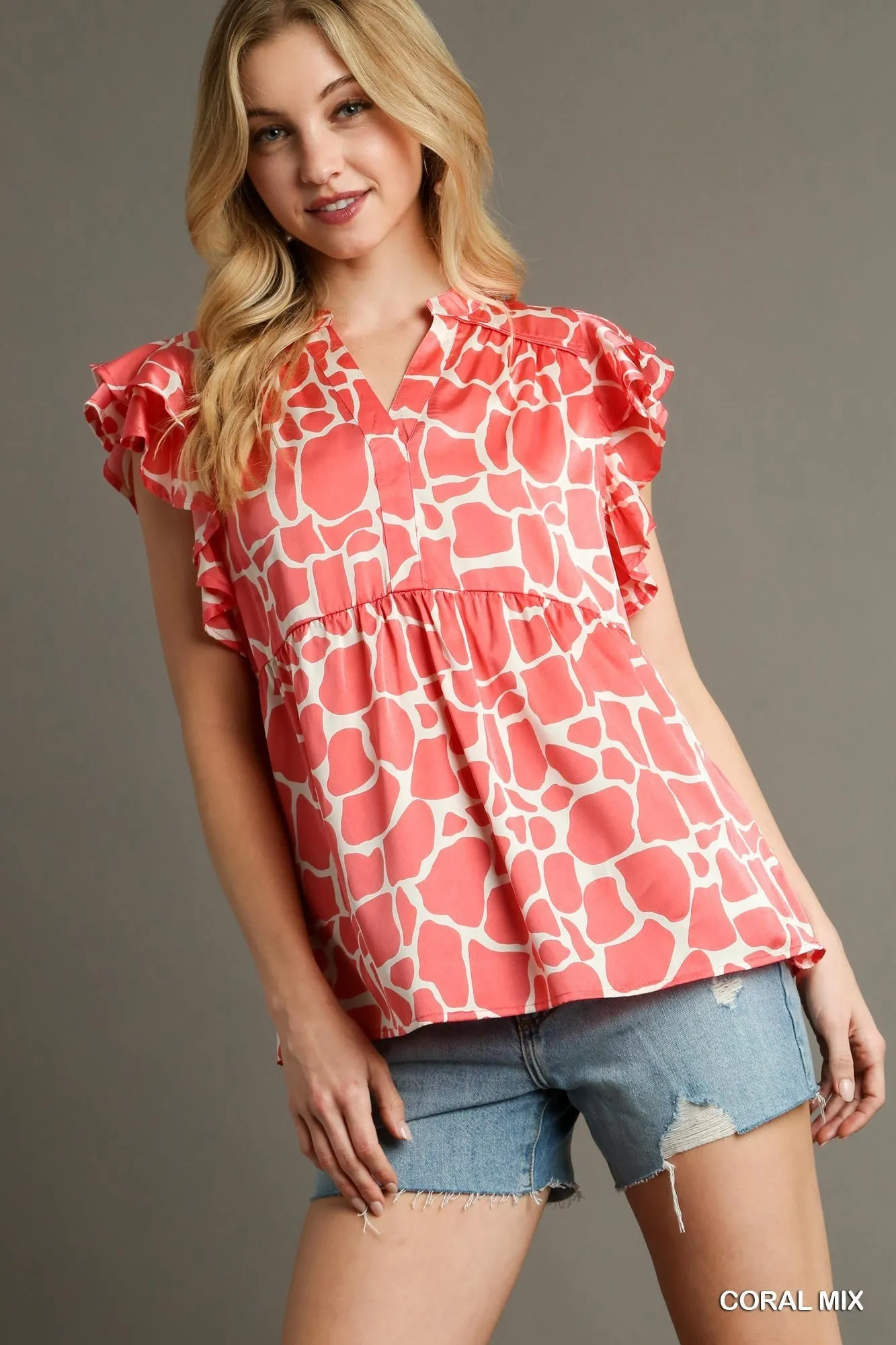 Baily Two Tone Animal Print Baby Doll Short Ruffle Sleeve Top in Coral