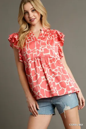 Baily Two Tone Animal Print Baby Doll Short Ruffle Sleeve Top in Coral