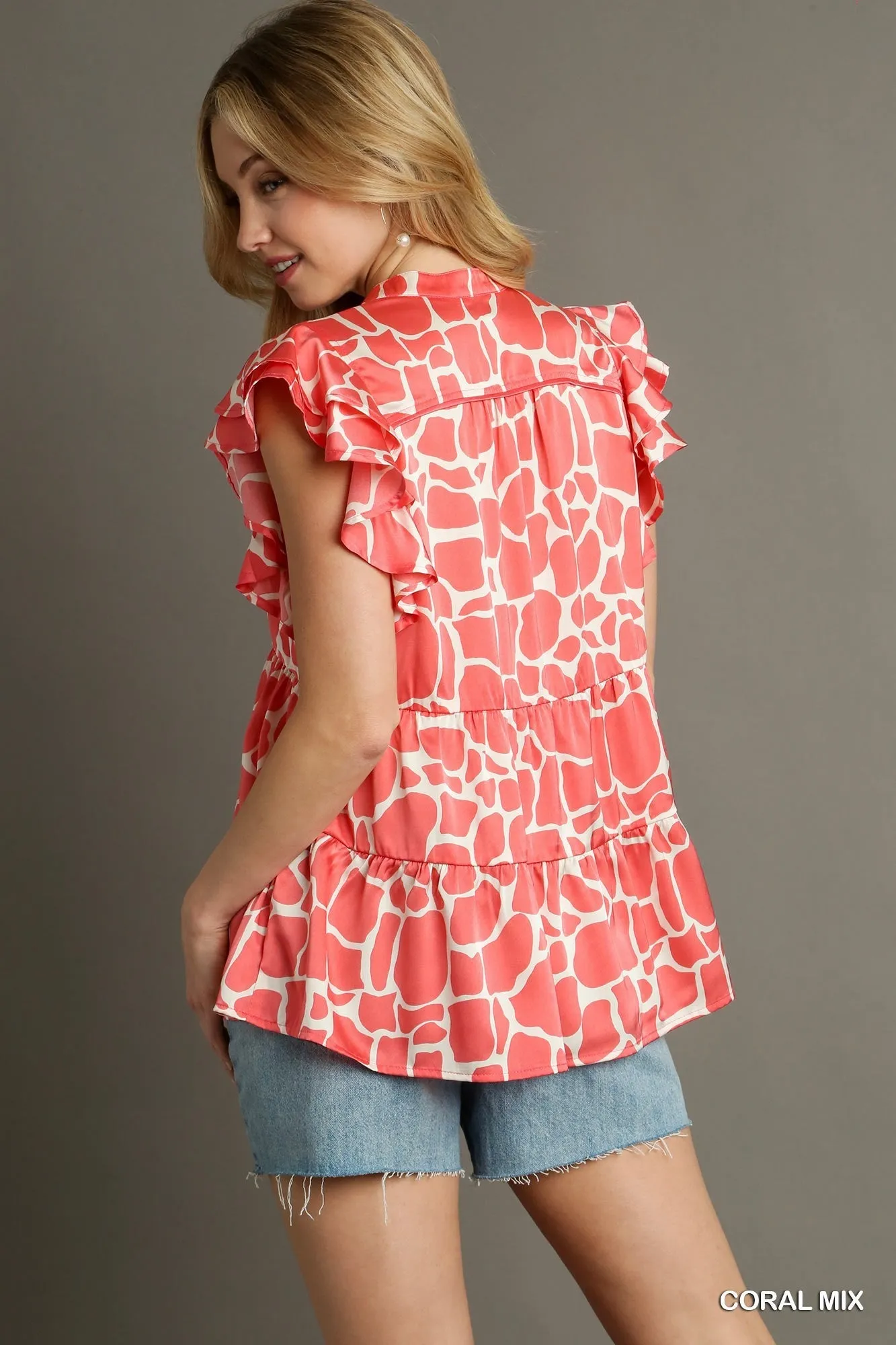 Baily Two Tone Animal Print Baby Doll Short Ruffle Sleeve Top in Coral