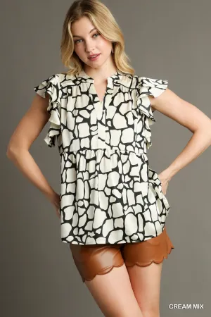 Baily Two Tone Animal Print Baby Doll Short Ruffle Sleeve Top In Cream