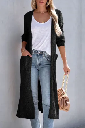 Black Chic Ribbed Knit Pocketed Long Cardigan