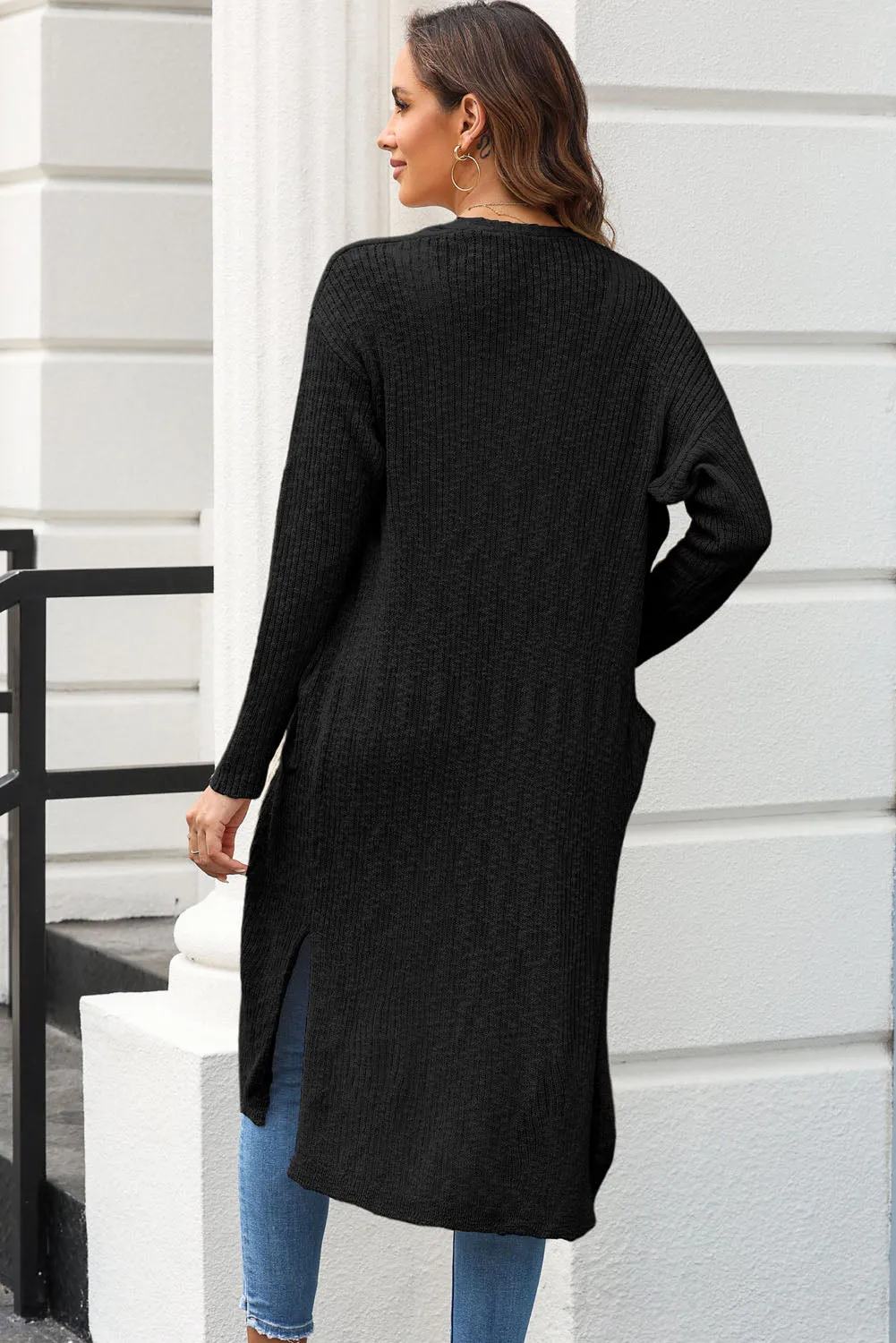 Black Chic Ribbed Knit Pocketed Long Cardigan