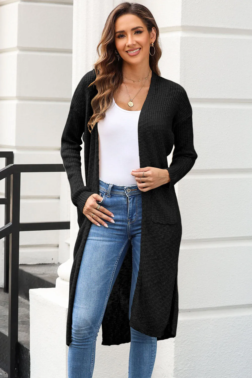 Black Chic Ribbed Knit Pocketed Long Cardigan