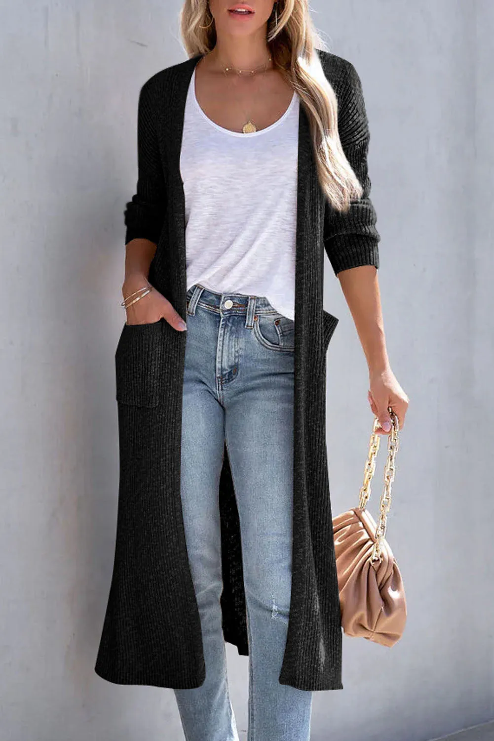 Black Chic Ribbed Knit Pocketed Long Cardigan