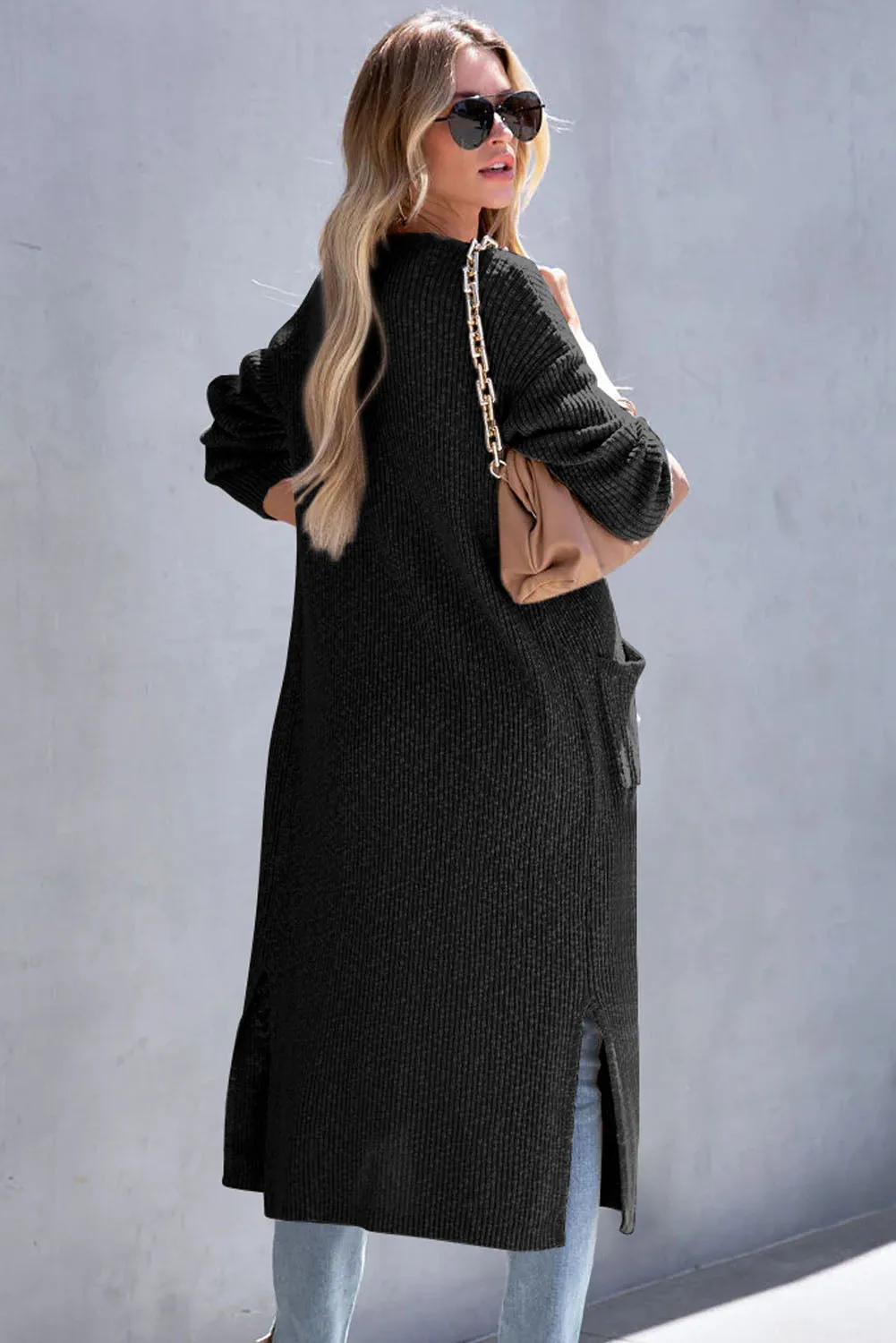 Black Chic Ribbed Knit Pocketed Long Cardigan