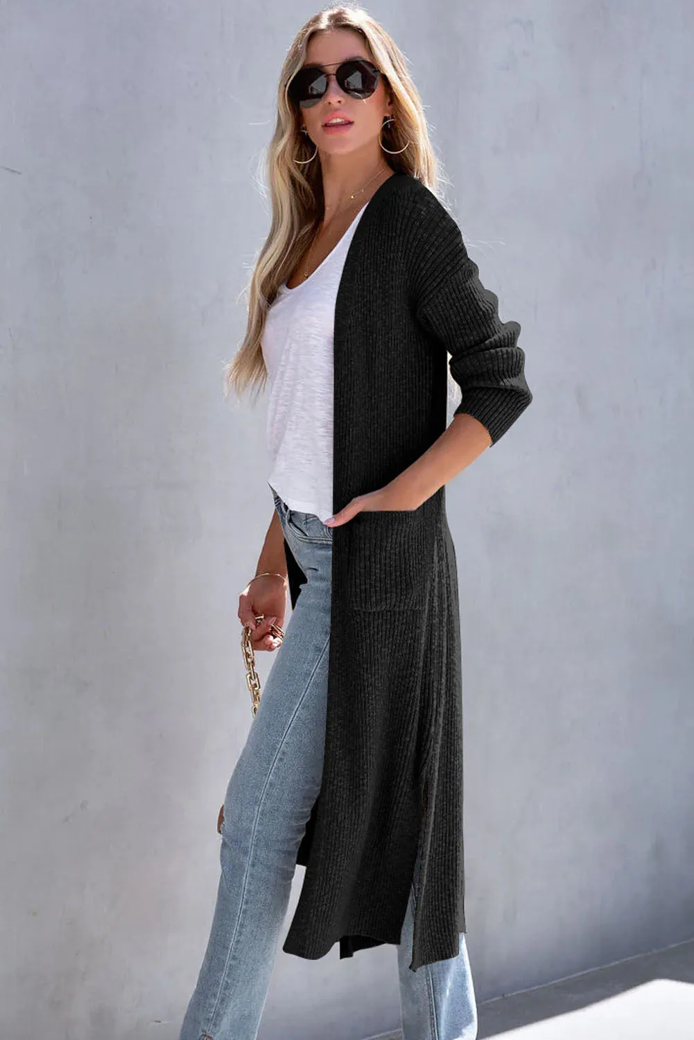 Black Chic Ribbed Knit Pocketed Long Cardigan