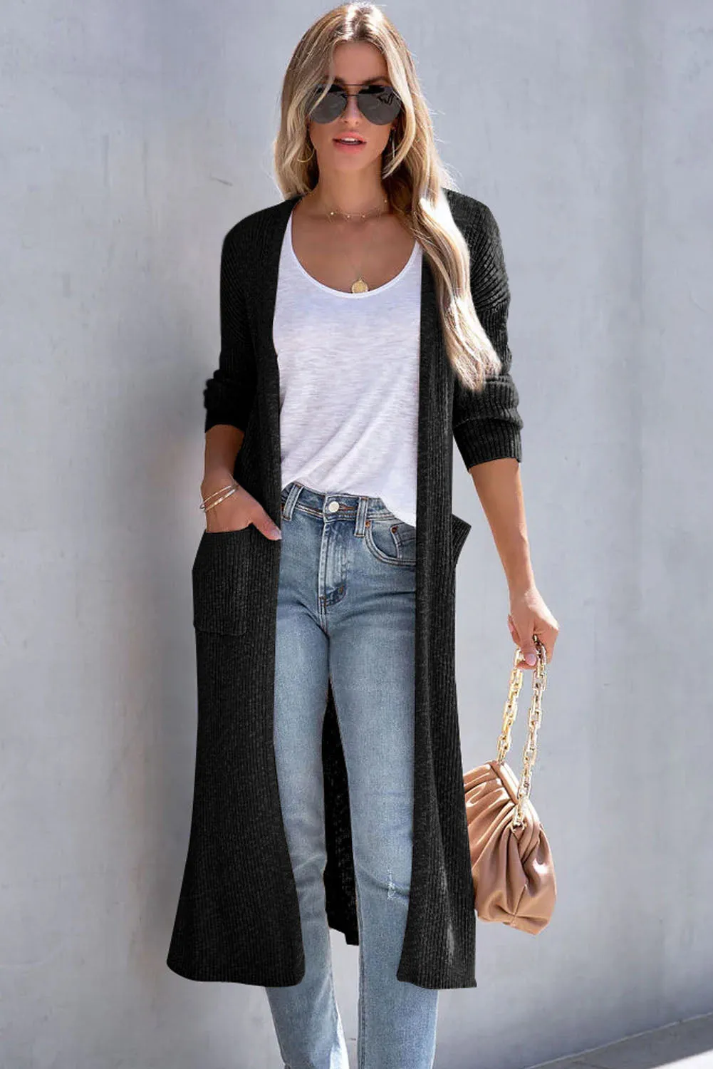 Black Chic Ribbed Knit Pocketed Long Cardigan