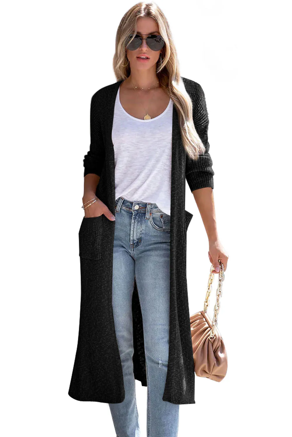 Black Chic Ribbed Knit Pocketed Long Cardigan