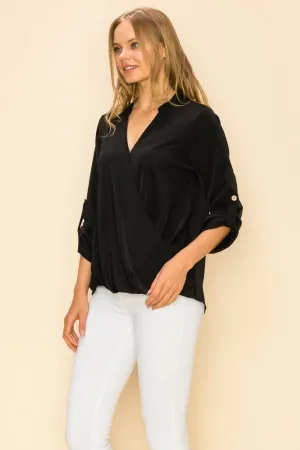 Black Faux Wrap Band Collar Blouse