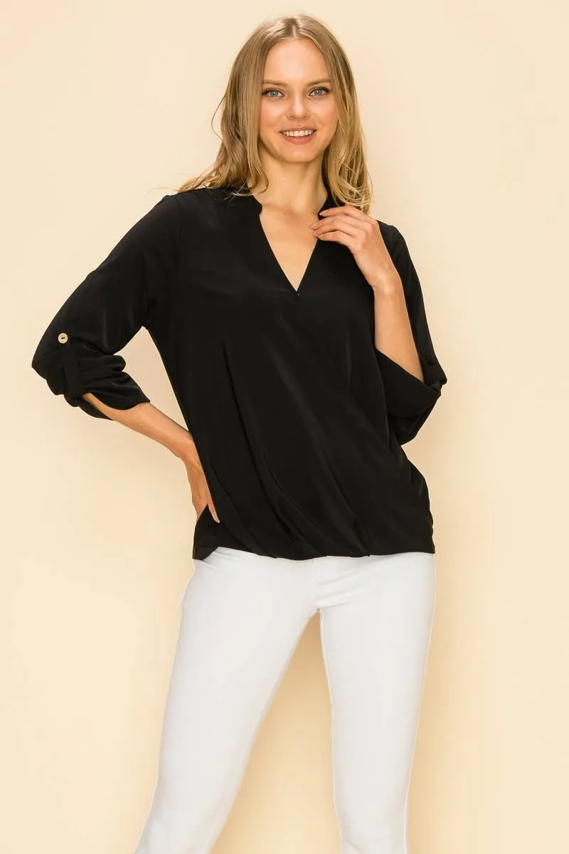 Black Faux Wrap Band Collar Blouse
