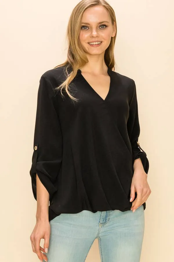 Black Faux Wrap Band Collar Blouse