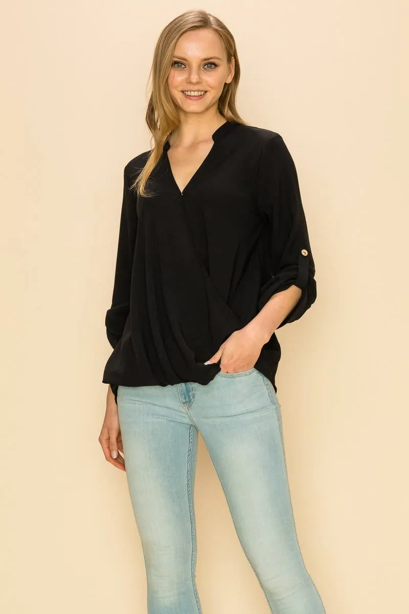 Black Faux Wrap Band Collar Blouse