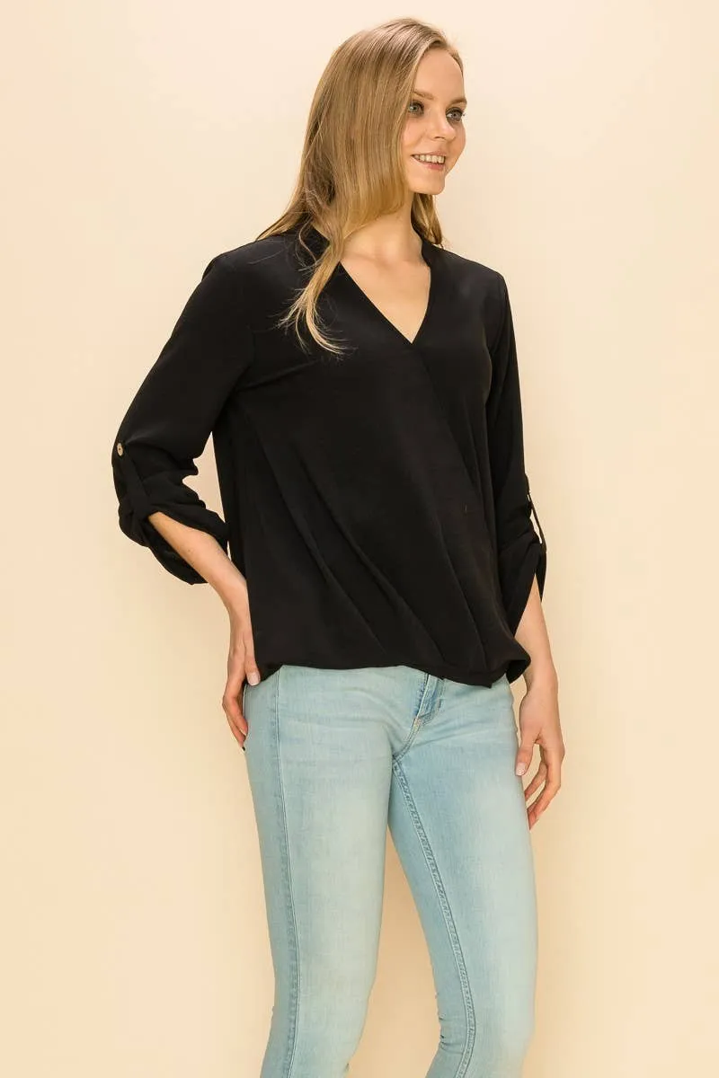 Black Faux Wrap Band Collar Blouse