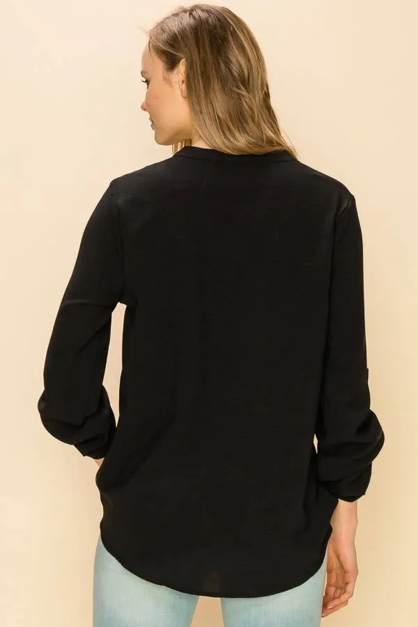 Black Faux Wrap Band Collar Blouse