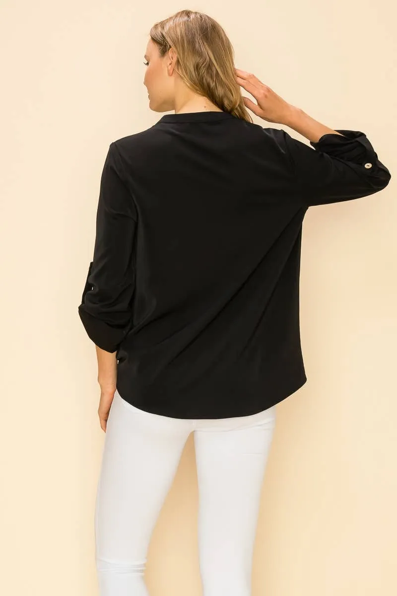 Black Faux Wrap Band Collar Blouse