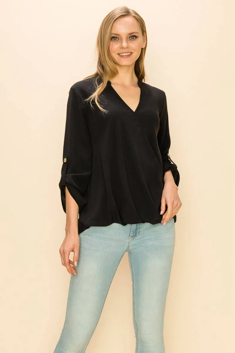 Black Faux Wrap Band Collar Blouse