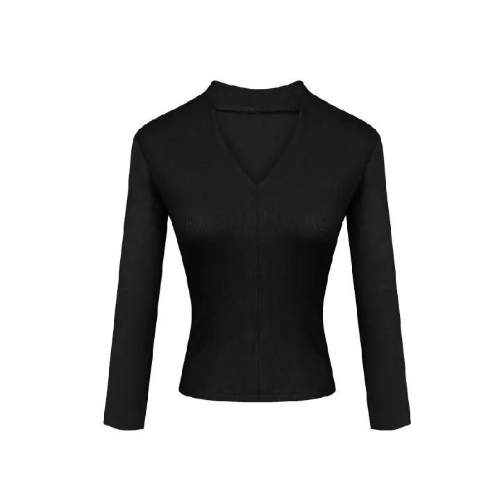 Black Flat Knit V Neck Top