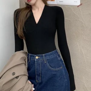 Black Flat Knit V Neck Top