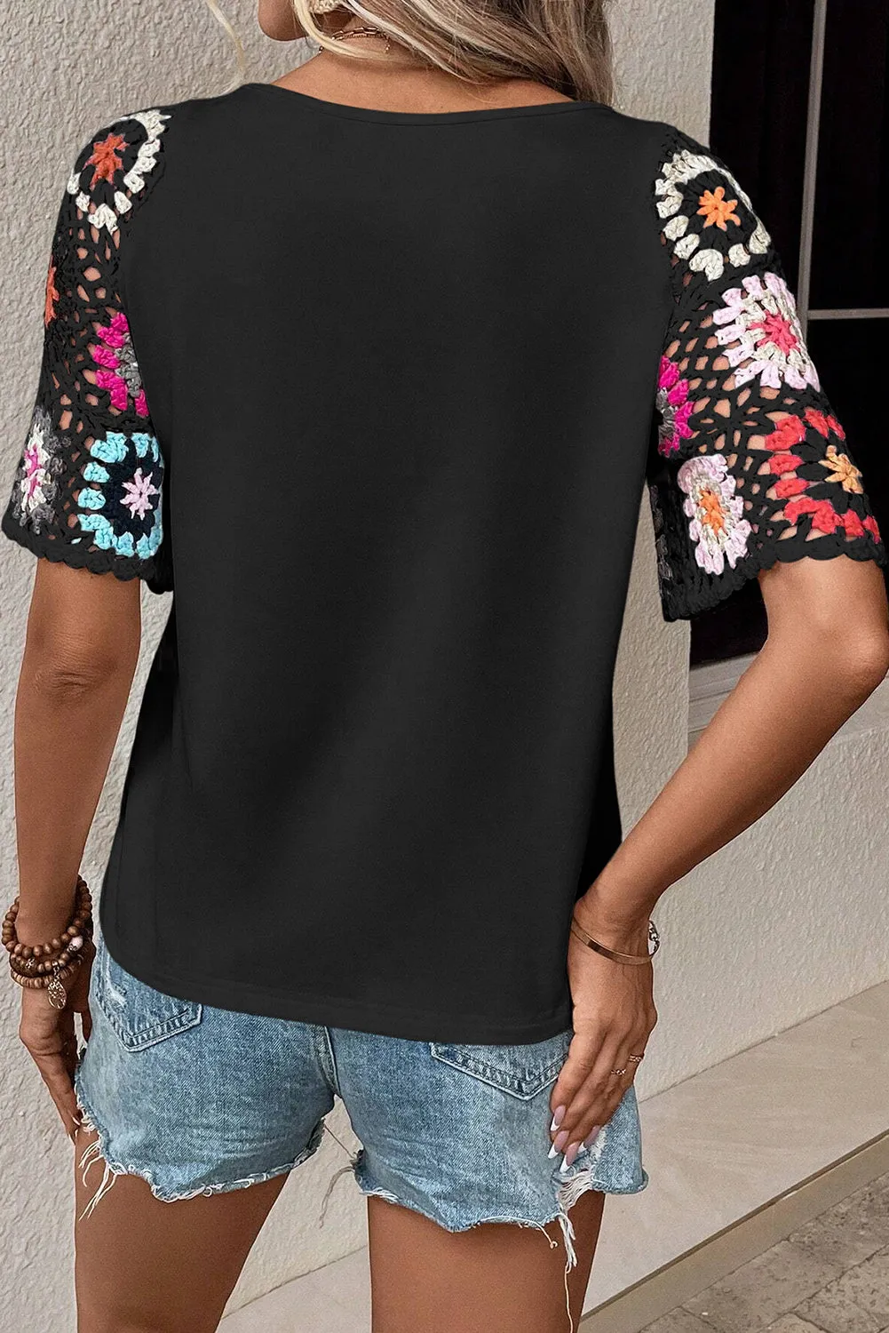Black Floral Crochet Short Sleeve Top