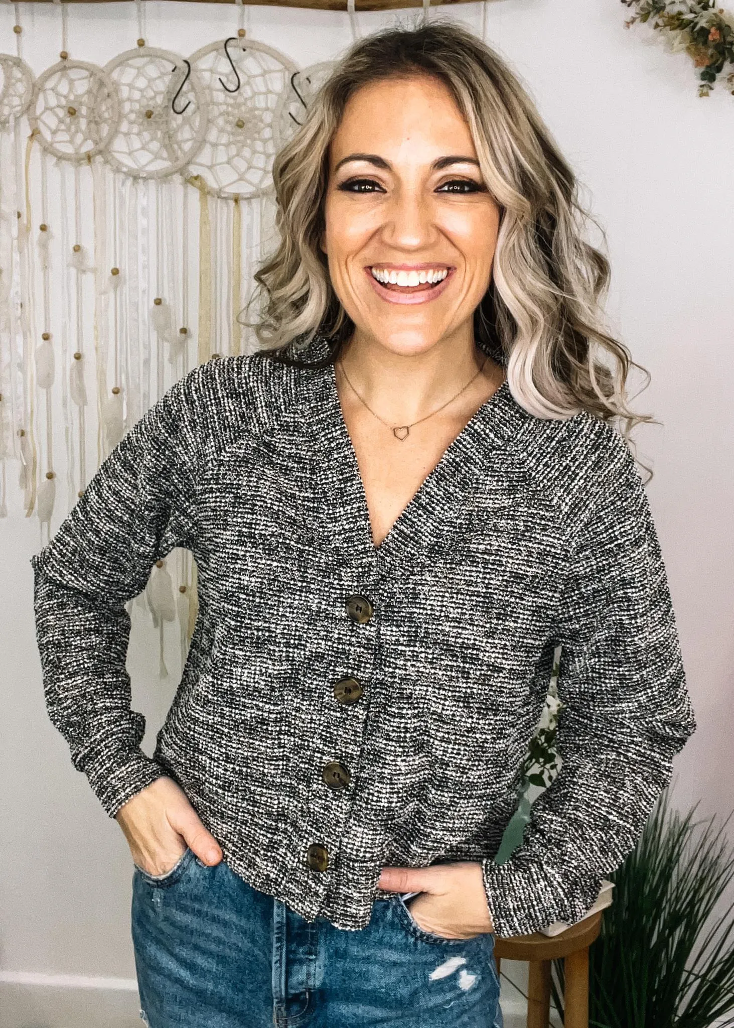 Black Front Button Knit Top