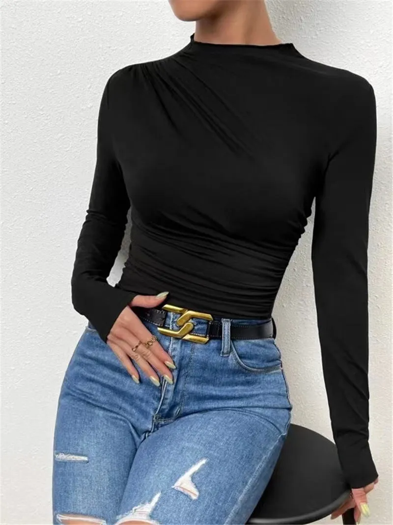 Black High Neck Side Ruched Top