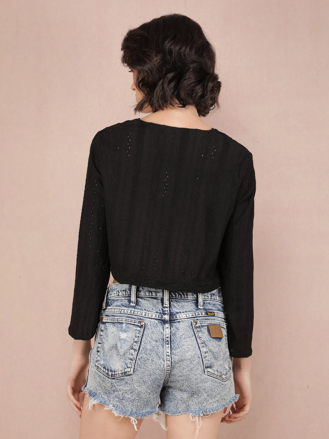 Black Jacquard V-Neck Crop Length Top